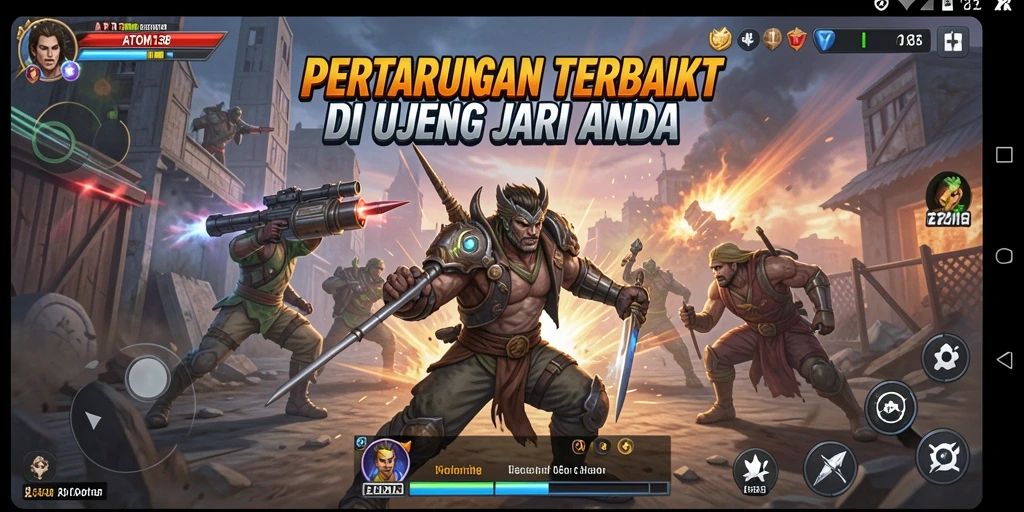 Screenshot gameplay ATOM138 menunjukkan pertarungan yang intens dan karakter beragam.