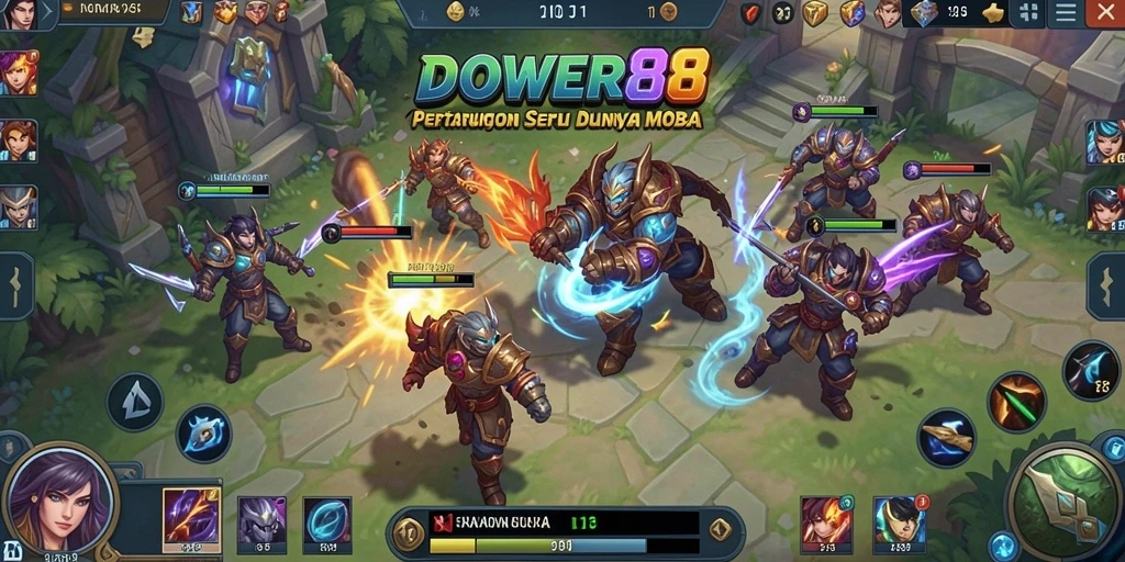 Screenshot DOWER88 menampilkan intensitas pertarungan antar hero MOBA.