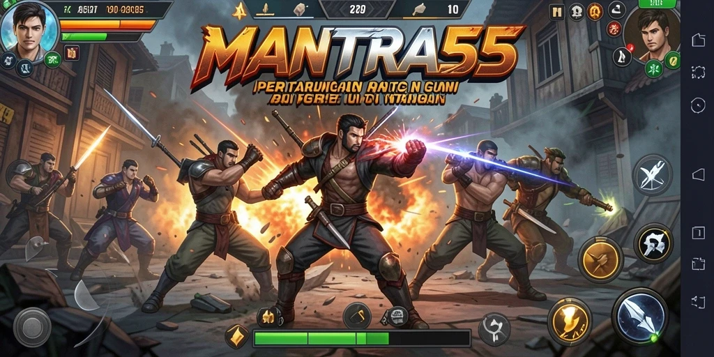 Screenshot gameplay MANTRA55 dengan aksi pertarungan yang intens.