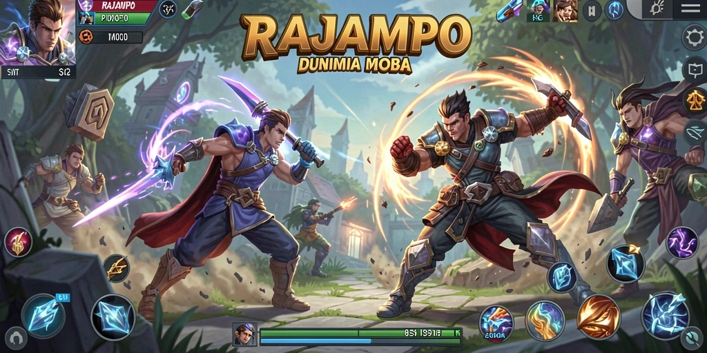 Tampilan aksi mendebarkan dalam gameplay RAJAMPO MOBA.