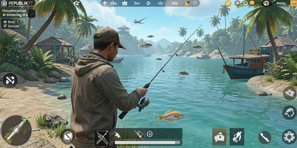 Tampilan gameplay memancing di REPUBLIK77 dengan ikan yang beraneka ragam.