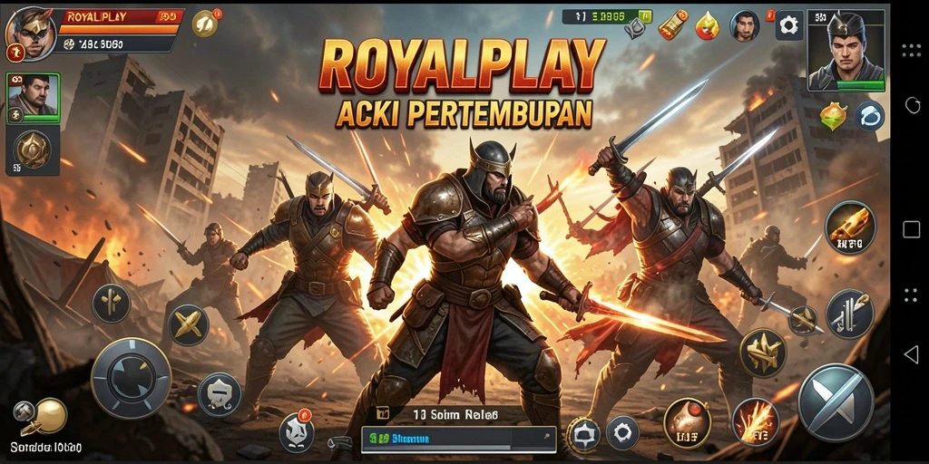 Screenshot gameplay <strong>ROYALPLAY</strong> menampilkan aksi pertempuran seru dan karakter yang dinamis.