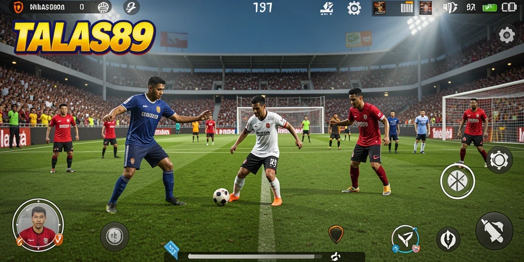 Screenshot utama TALAS89 menampilkan aksi seru pertandingan sepak bola.
